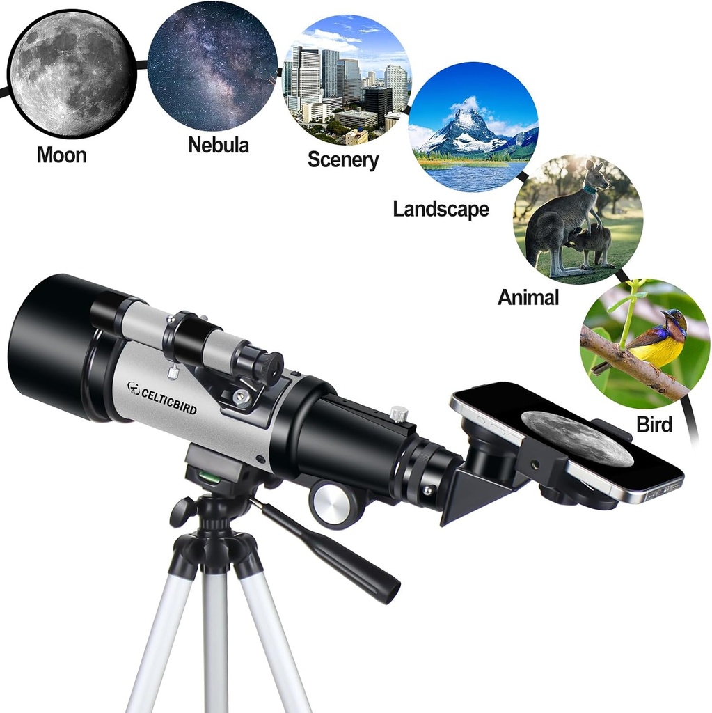 Telescopio para niños principiantes, apertura de 70 mm, telescopio refractor astronómico de 400 mm para adultos estudiantes - Telescopios de viaje con trípode, adaptador para teléfono (Plata) 