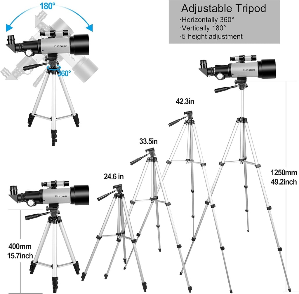 Telescopio para niños principiantes, apertura de 70 mm, telescopio refractor astronómico de 400 mm para adultos estudiantes - Telescopios de viaje con trípode, adaptador para teléfono (Plata) 