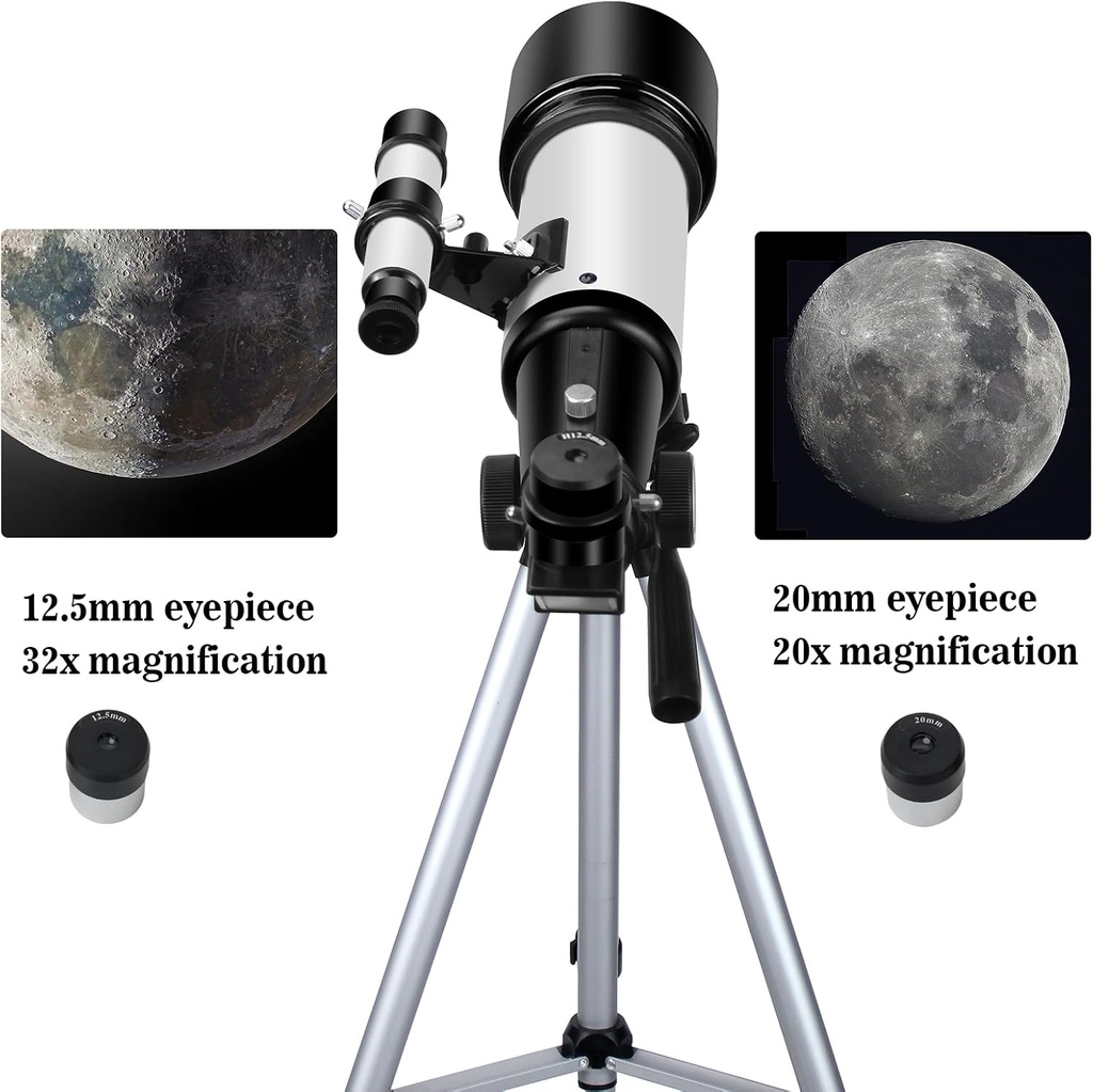 Telescopios, Telescopio para Niños y Adultos Principiantes, 2.756 in Apertura 15.748 in Longitud de Enfoque Refractor Telescopio de Viaje con AZ Monte para Observar La Luna y el Paisaje (blanco) 