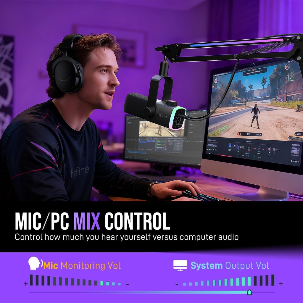 Kit de micrófono de juego FIFINE, micrófono dinámico XLR/USB para PC con brazo articulado para grabación de podcast, juego de micrófono RGB para transmisión, silencio con toque, control de mezcla 