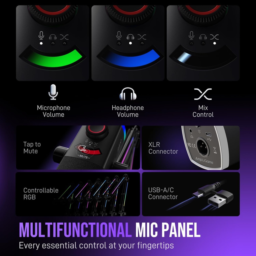 Kit de micrófono de juego FIFINE, micrófono dinámico XLR/USB para PC con brazo articulado para grabación de podcast, juego de micrófono RGB para transmisión, silencio con toque, control de mezcla 