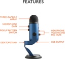 Logitech Creators Blue Yeti - Micrófono USB para juegos, transmisión, podcast, YouTube, Discord, PC, sonido de estudio, Plug & Play, azul medianoche 