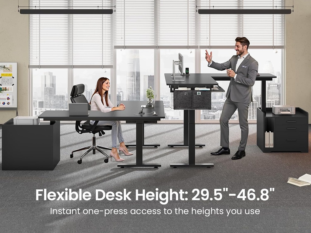 SEDETA - Escritorio de pie en forma de L con archivador, 3 cajones, toma de corriente | 63 x 53'' Electric Height Adjustable Gaming Computer Desk with Led Lights for Home Office, Gaming Room, Black 