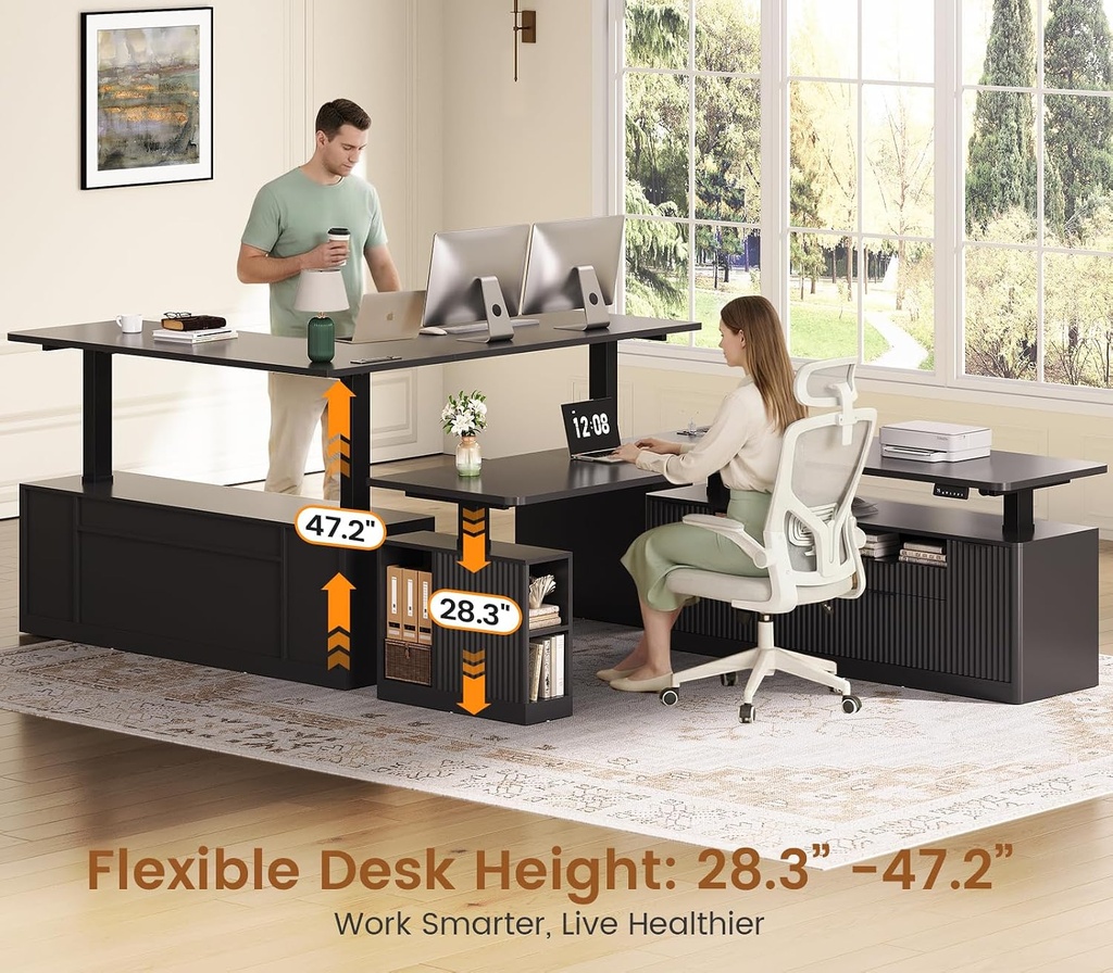SEDETA Fluted L Shaped Executive Electric Standing Desk with 4 Drawers | 69" x 55" Height Adjustable Office Desk with Storage Shelves, Power Outlet, Sit Stand Computer Desk, Black 