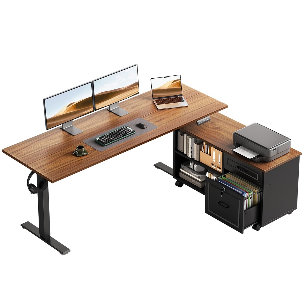 OffiGo  Escritorio eléctrico de pie en forma de L de 55 pulgadas con cajones y juegos de archivadores, escritorio ejecutivo para computadora de oficina en casa, escritura, estación de trabajo, nogal + negro 
