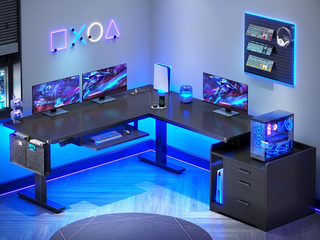 SEDETA - Escritorio de pie en forma de L con archivador, 3 cajones, toma de corriente | 63 x 53'' Electric Height Adjustable Gaming Computer Desk with Led Lights for Home Office, Gaming Room, Black 