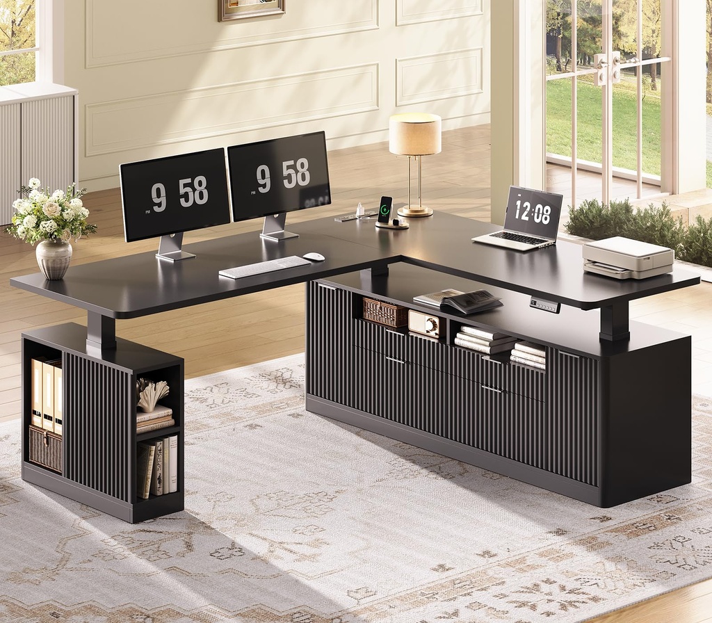 SEDETA Fluted L Shaped Executive Electric Standing Desk with 4 Drawers | 69" x 55" Height Adjustable Office Desk with Storage Shelves, Power Outlet, Sit Stand Computer Desk, Black 