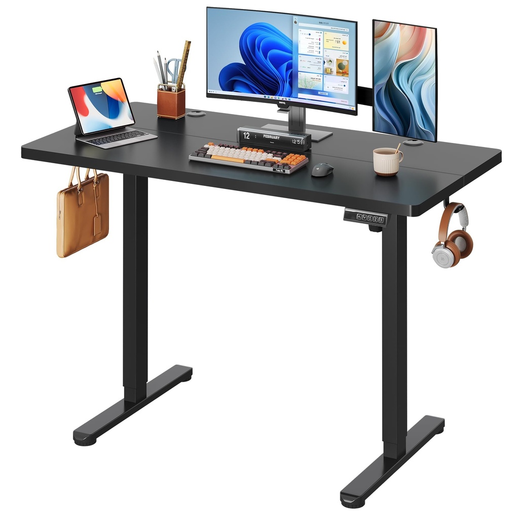 DEVAISE - Escritorio eléctrico de pie de 48 pulgadas, escritorio ajustable de 3 alturas para oficina en casa, escritorio ergonómico de sentarse a pararse con pantalla táctil LED, gancho para