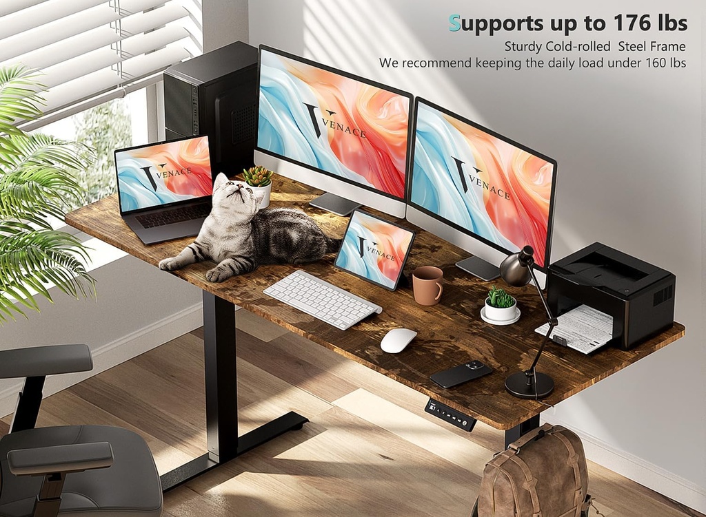VVENACE Escritorio eléctrico de pie de 55 x 24 pulgadas, altura ajustable con 4 ruedas, 4 ajustes de altura de memoria, 2 ganchos para auriculares, para oficina en casa, tablero de empalme marrón
