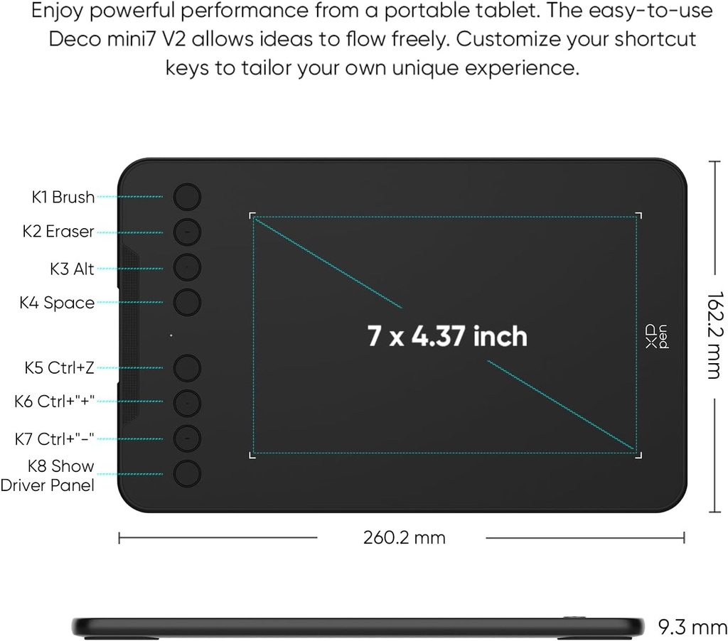XPPen - Tableta de dibujo Deco Mini7 V2 actualizada, 16384 niveles de presión sin batería, almohadilla de dibujo OSU de 7 x 4, 8 teclas de acceso rápido para arte digital, enseñanza, tableta gráfica