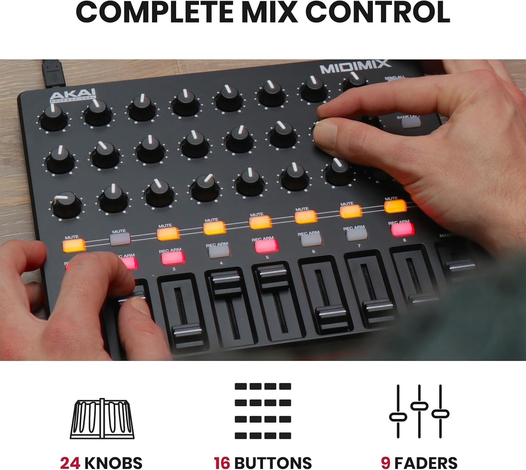 Akai Professional MIDImix consola mezcladora DAW de alto rendimiento USB (24 perillas / 16 botones / 8 reguladores de volumen)