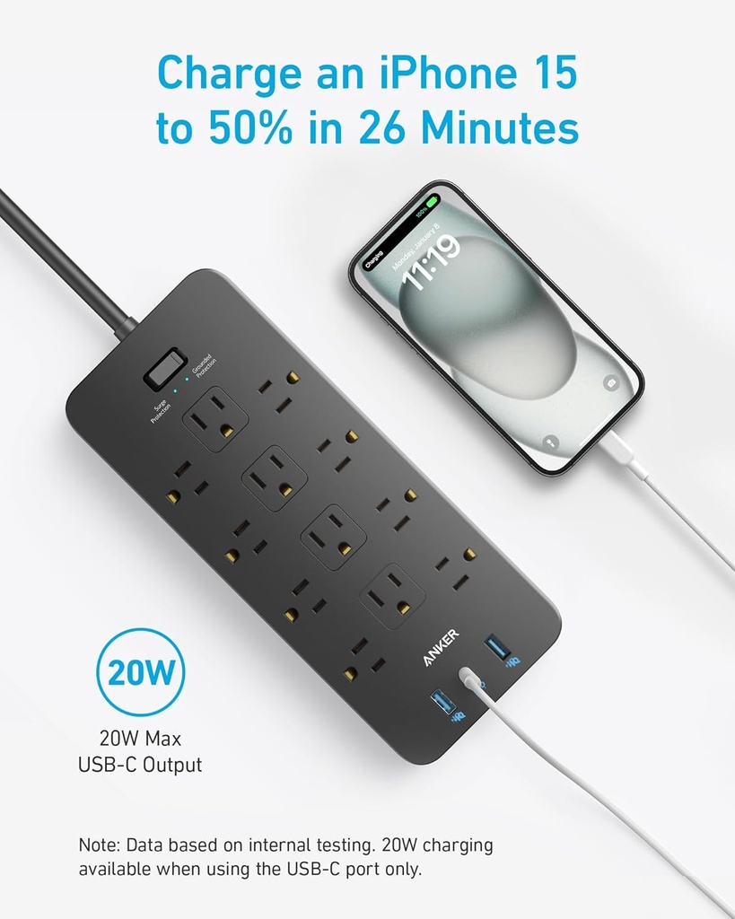 Anker - Regleta de protección contra sobretensiones (2100J), 12 salidas con 1 USB C y 2 puertos USB para iPhone 15/15 Plus/15 Pro/15 Pro Max, cable de extensión de 5 pies, enchufe plano, carga USB C