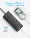 Anker - Regleta de protección contra sobretensiones (2100J), 12 salidas con 1 USB C y 2 puertos USB para iPhone 15/15 Plus/15 Pro/15 Pro Max, cable de extensión de 5 pies, enchufe plano, carga USB C