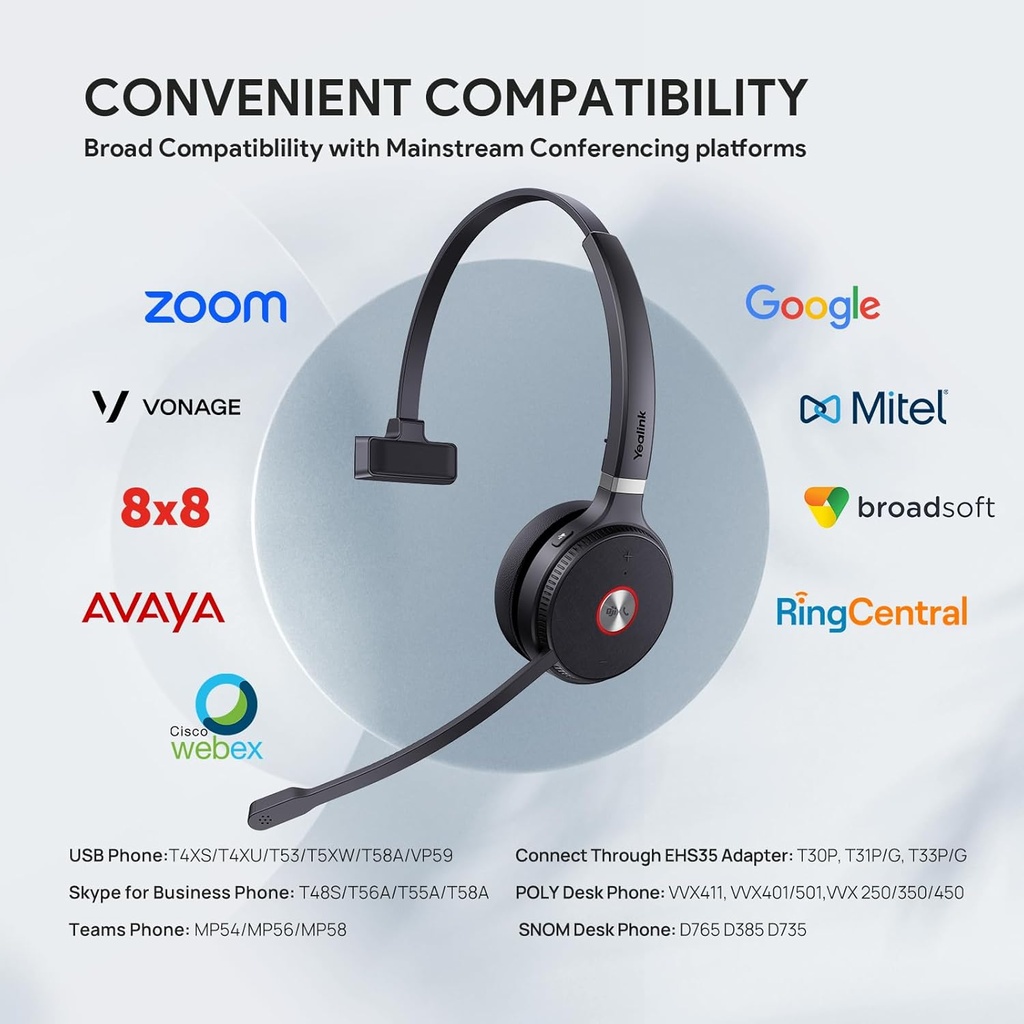 Auriculares Inalámbricos Mono Yealink WH62 para equipos de Microsoft, DECT inalámbricos con 2 micrófonos de cancelación de ruido para teléfono IP y PC