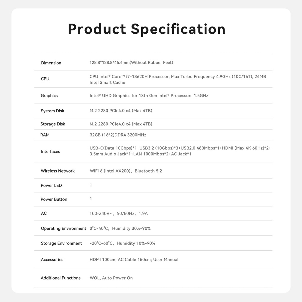 Beelink Mini PC, EQi13 Pro, Intel Core i7-13620H (10C/16T, hasta 4.9GHz), gráficos UHD de 13ª generación de 1.5 GHz, 32 GB de RAM 500 GB SSD Dual LAN Mini computadora/WiFi 6+BT5.2/Dual HDMI/PSU