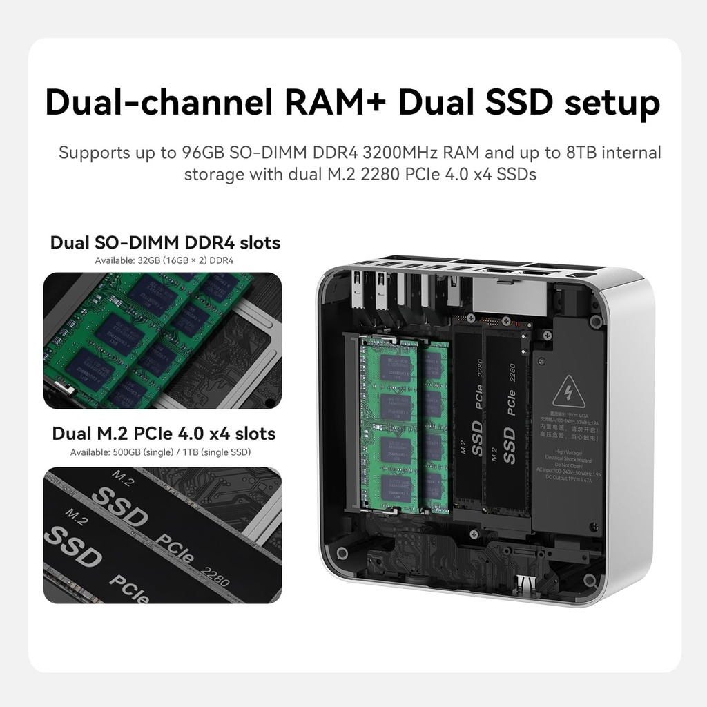 Beelink Mini PC, EQi13 Pro, Intel Core i7-13620H (10C/16T, hasta 4.9GHz), gráficos UHD de 13ª generación de 1.5 GHz, 32 GB de RAM 500 GB SSD Dual LAN Mini computadora/WiFi 6+BT5.2/Dual HDMI/PSU