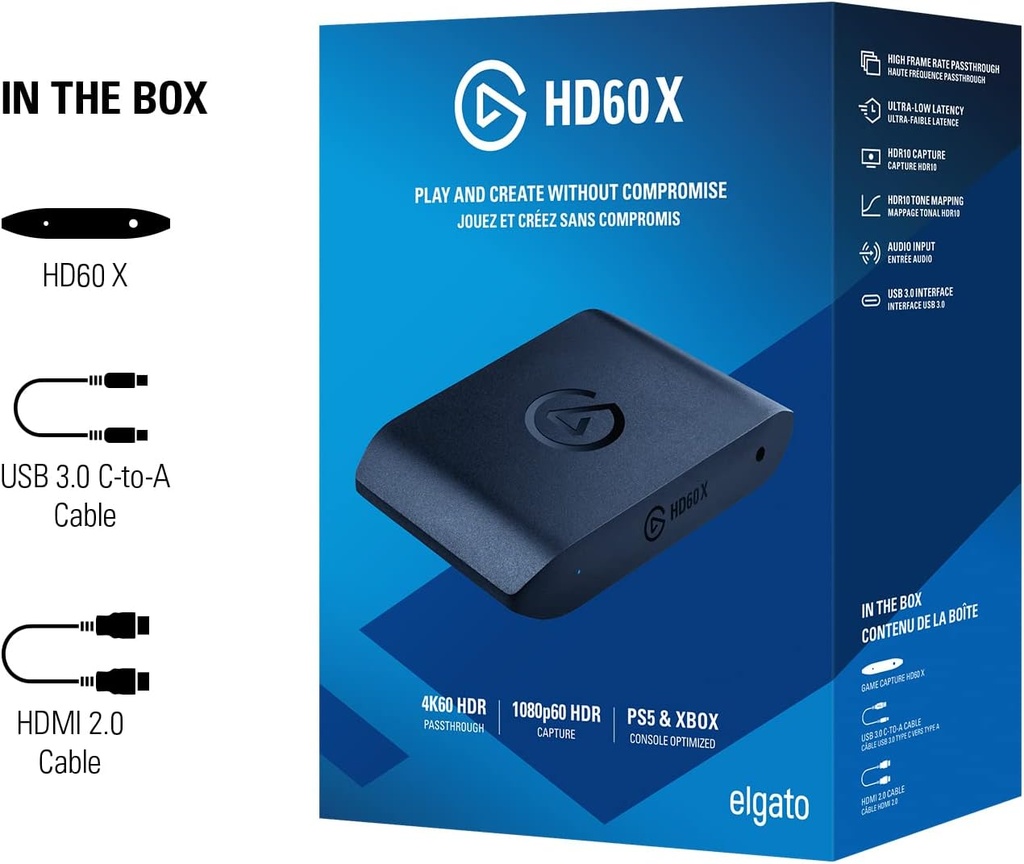 Capturadora Elgato HD60 X – Transmisión/Grabacion 1080p60 HDR10 - 4K30 - Latencia ultra baja - OBS - PS5, PS4/Pro, Xbox Series X/S, Xbox One X/S, PC y Mac.