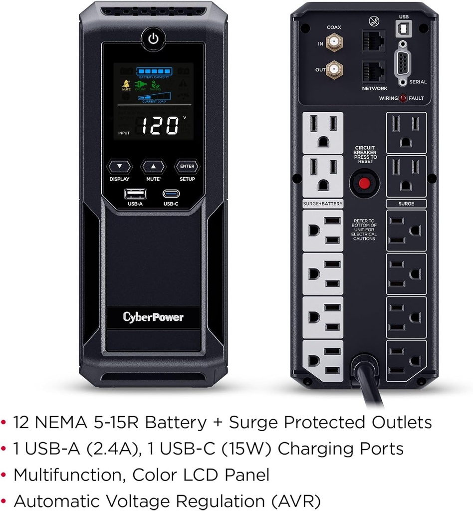 CyberPower CP1500AVRLCD3 Sistema UPS LCD inteligente, 1500VA/900W, 12 tomas, 2 puertos USB, AVR, mini torre, negro