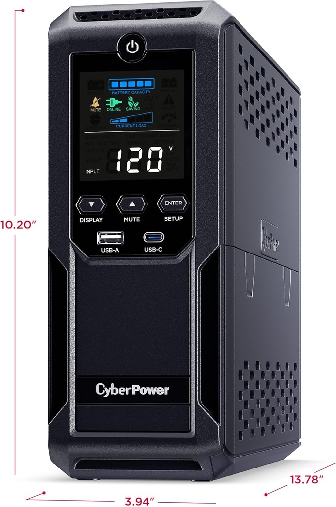 CyberPower CP1500AVRLCD3 Sistema UPS LCD inteligente, 1500VA/900W, 12 tomas, 2 puertos USB, AVR, mini torre, negro