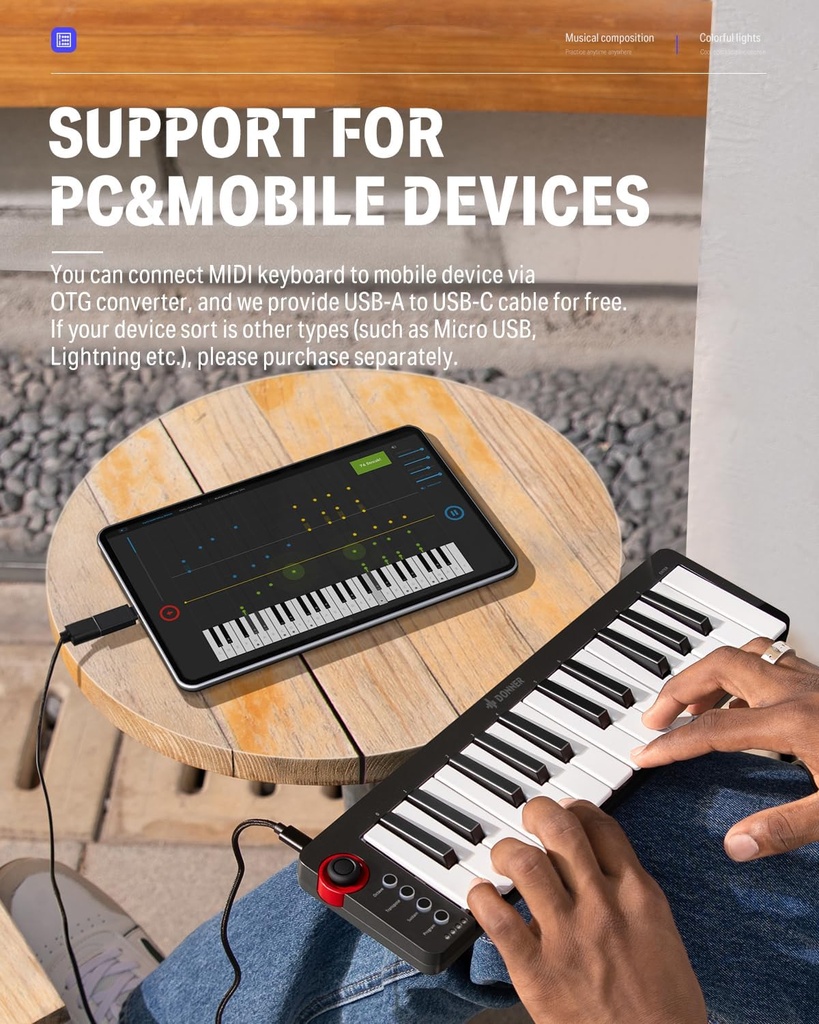 Donner - Controlador de teclado MIDI USB pequeño con 25 teclas, N-25, con miniteclas sensibles a la velocidad, interruptor de iluminación y software de producción de música incluido