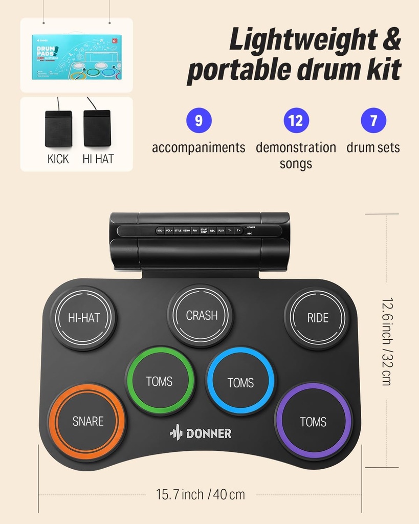 Donner Juego de batería eléctrica mejorada, 7 almohadillas electrónicas, almohadilla de batería silenciosa, altavoz integrado, 40 lecciones incluidas, juguetes de instrumentos de regalo de Navidad y cumpleaños para niños (DED-20R)