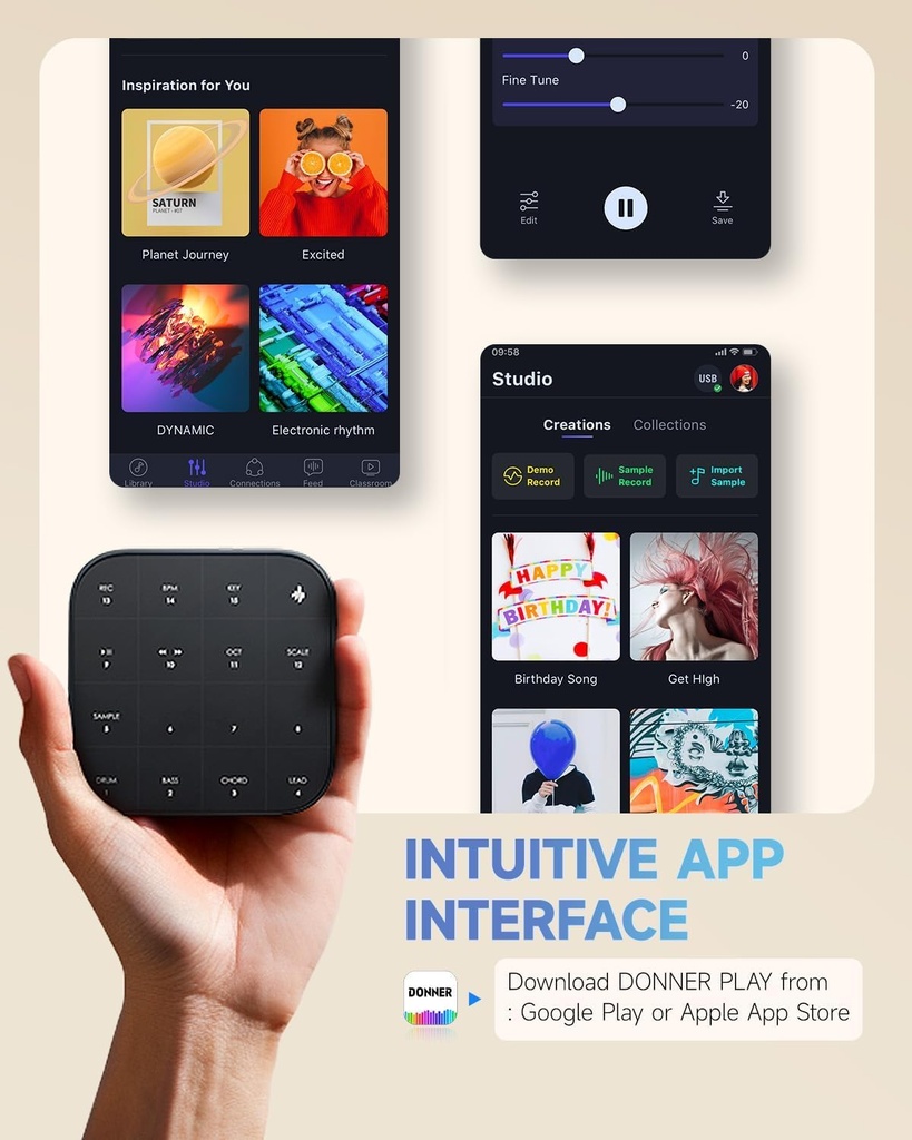 Donner MEDO Controlador MIDI Bluetooth, caja de ranura portátil | Acorde, muestra, plomo, bajo, batería | Bucle y sintetizador integrados | iOS, Mac, Windows, Android | Funda de silicona, Donner Play