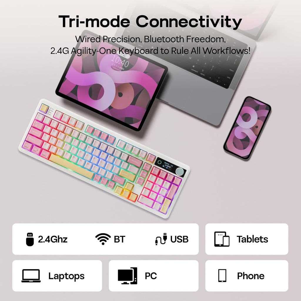 EPOMAKER TH99 PRO Teclado mecánico 96% con pantalla y perilla, 10000mAh, 2.4 GHz/BT, intercambio en caliente, controlador personalizado, retroiluminación RGB, tecla PBT, teclado inalámbrico para129,99
