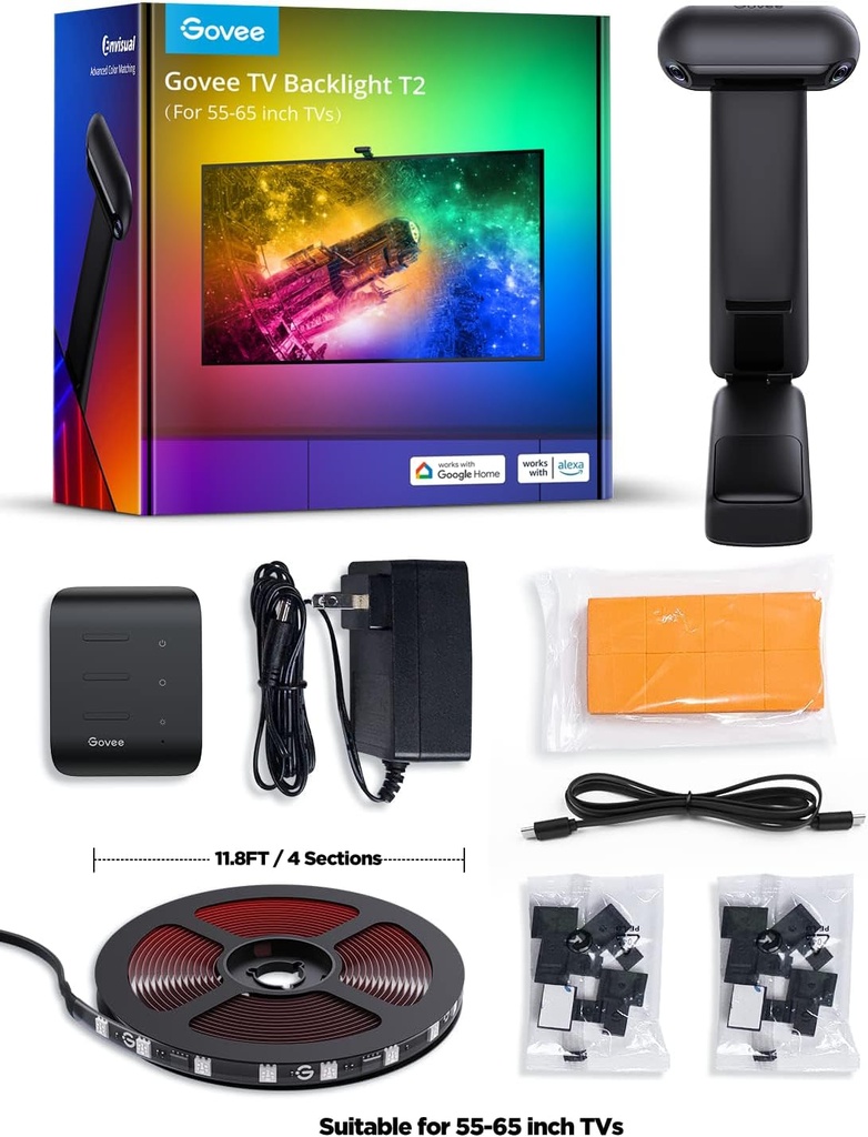 Govee Envisual - Retroiluminación LED T2 para TV con cámaras duales, tira de luces LED RGBIC Wi-Fi de 11.8 pies para televisores de 55 a 65 pulgadas, cuentas de luz de doble tira, para decoración del