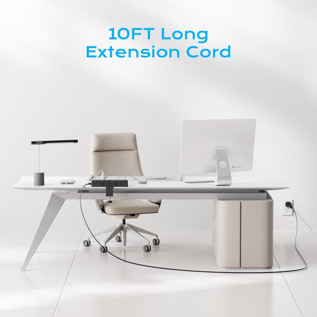 ACOZVIN - Regleta de alimentación con abrazadera de escritorio 17 en 1 con estación de carga rápida de 40 W, enchufe plano de 10 pies 1200J, 9 salidas de CA, 8 puertos USB (4 USB C), toma de