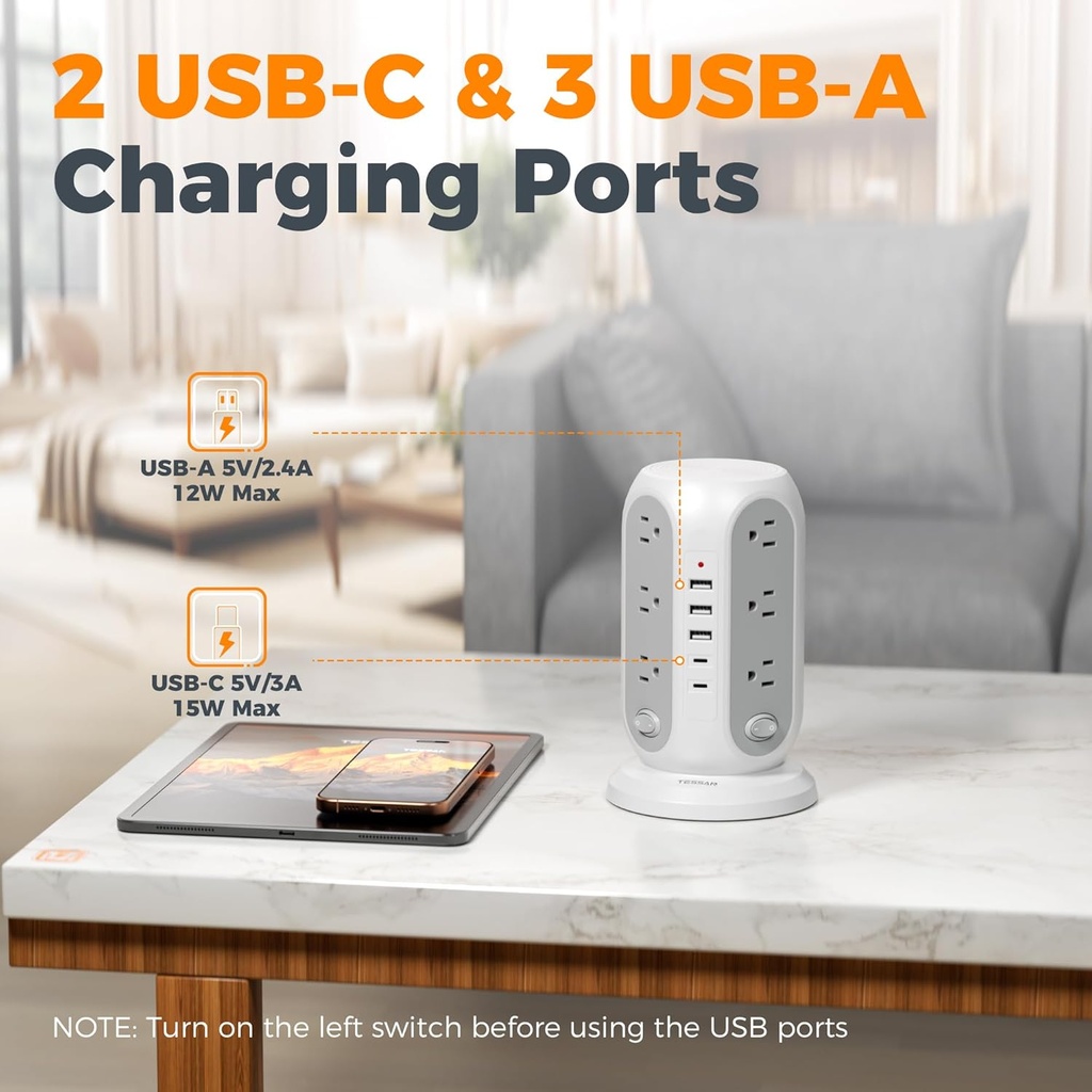 TESSAN Regleta de alimentación de torre con interruptores individuales, protector de sobretensiones con 12 tomas, 5 puertos USB (2 USB C), cable de extensión plano de 10 pies, 1250 W, estación de