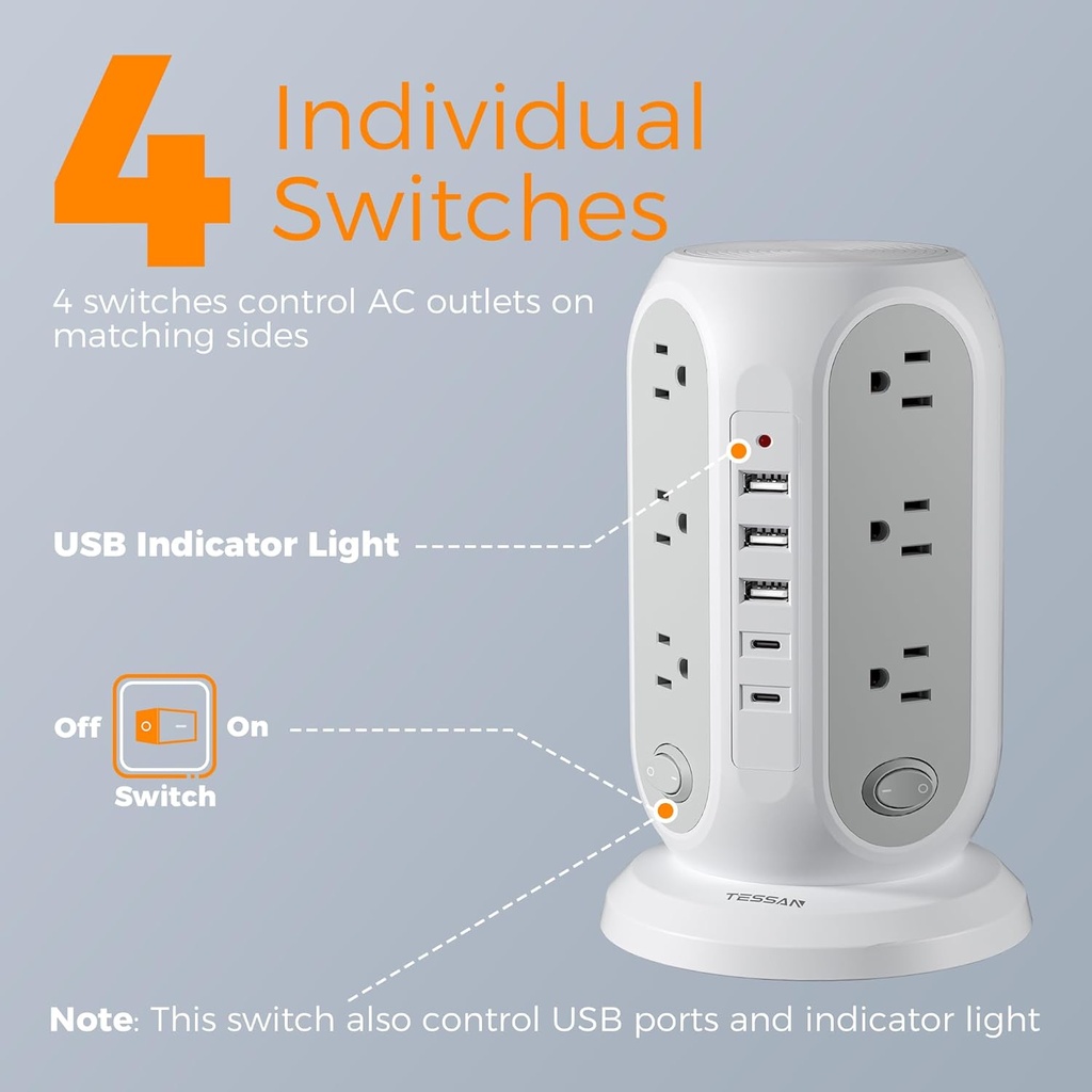 TESSAN Regleta de alimentación de torre con interruptores individuales, protector de sobretensiones con 12 tomas, 5 puertos USB (2 USB C), cable de extensión plano de 10 pies, 1250 W, estación de
