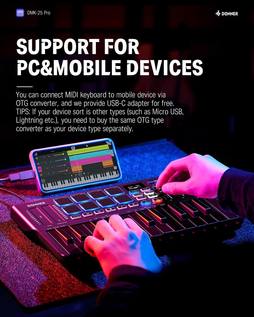 Donner Controlador de teclado MIDI USB-C, mini teclado MIDI portátil de 25 teclas con 8 almohadillas de batería, pantalla OLED, 16 básculas inteligentes, arpegio, reproducción, software de 4 DAW y 40