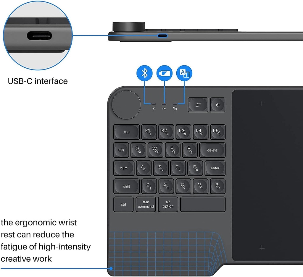 Tablet De Dibujo Inalámbrica HUION Inspiroy Keydial KD200 – Conexion Bluetooth - con dial de teclado, 5 teclas Personalizables, Pen sin batería.