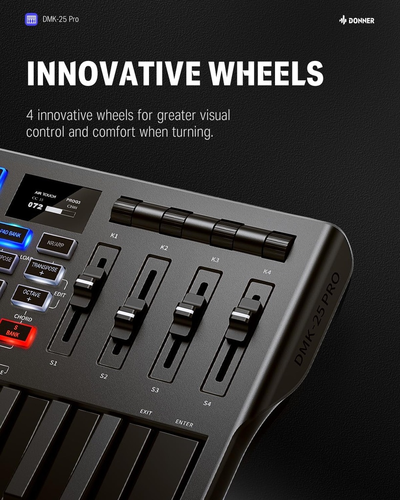 Donner Controlador de teclado MIDI USB-C, mini teclado MIDI portátil de 25 teclas con 8 almohadillas de batería, pantalla OLED, 16 básculas inteligentes, arpegio, reproducción, software de 4 DAW y 40