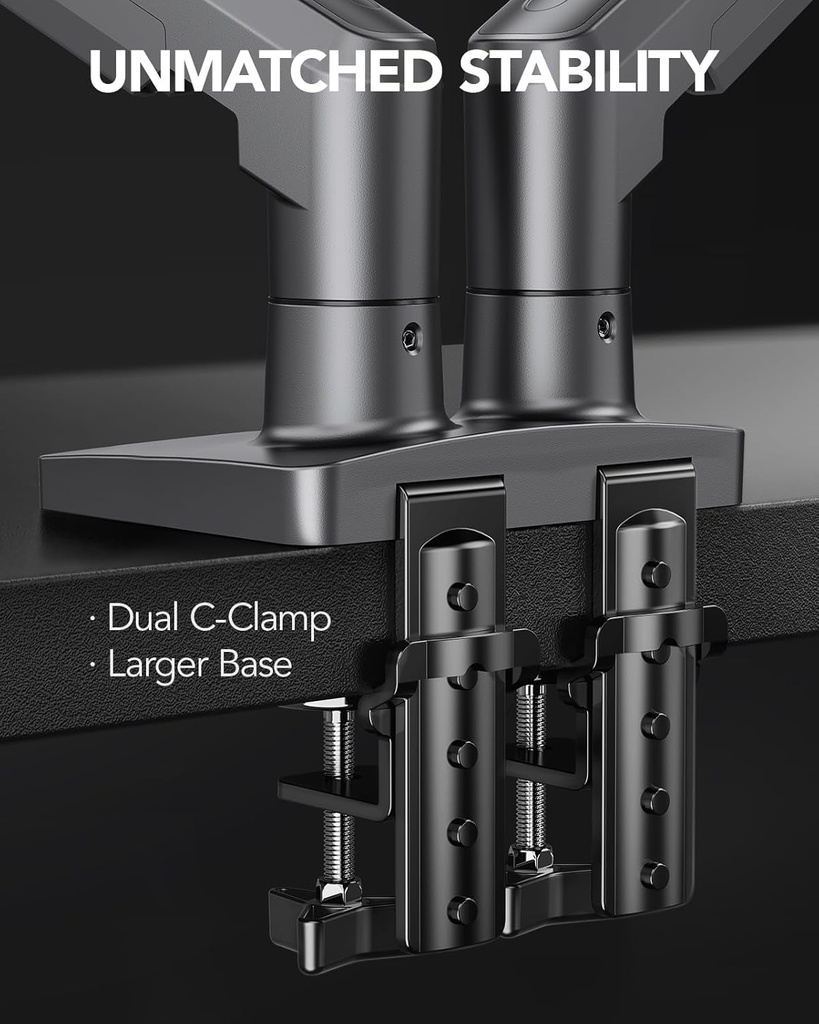 HUANUO - Soporte de escritorio para monitor doble, completamente ajustable para pantallas de computadora de 13–32", soporte VESA de movimiento completo 75x75/100x100 con abrazadera en C y base de