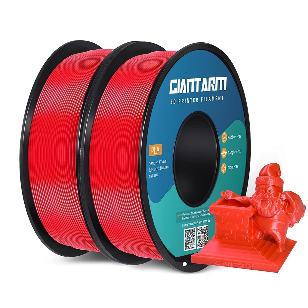 GIANTARM - Filamento para impresora 3D, 2 piezas de filamento pla rojo, carrete de 1 kg (2.2 lbs), precisión dimensional de 1.75 mm +/- 0.03 mm, filamento para impresión 3D Rojo 