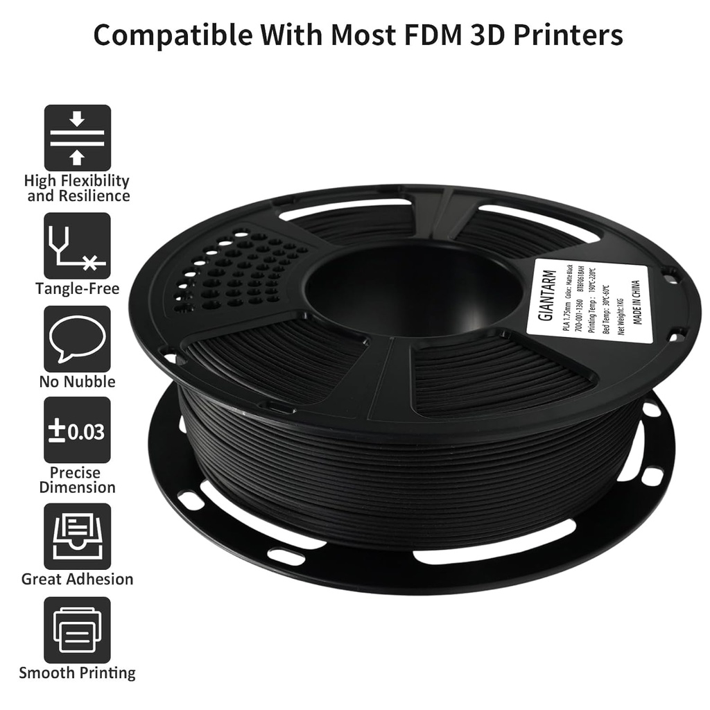 Filamento de ácido poliláctico para impresora 3D, filamento de ácido poliláctico GIANTARM de 1.75mm, precisión dimensional +/- 0.02mm, carrete de 2.2 lbs, embalaje al vacío, apto para la mayoría de impresoras 3D, negro oscuro 