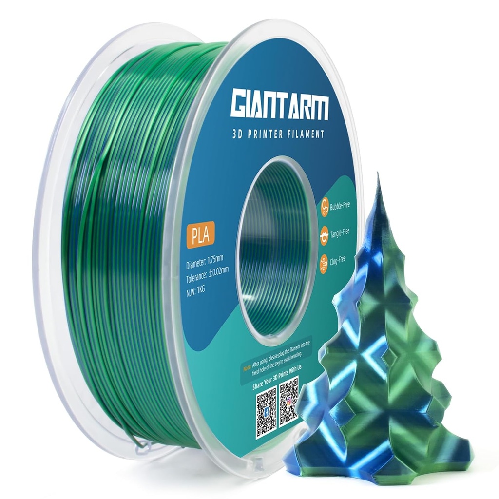 GIANTARM Filamento PLA de doble color, filamento PLA de seda de 0.069 in +/-0.001 in, carrete de 2.2 libras, embalaje al vacío, filamentos de impresión 3D que se adaptan a la mayoría de impresoras FDM azul/verde 