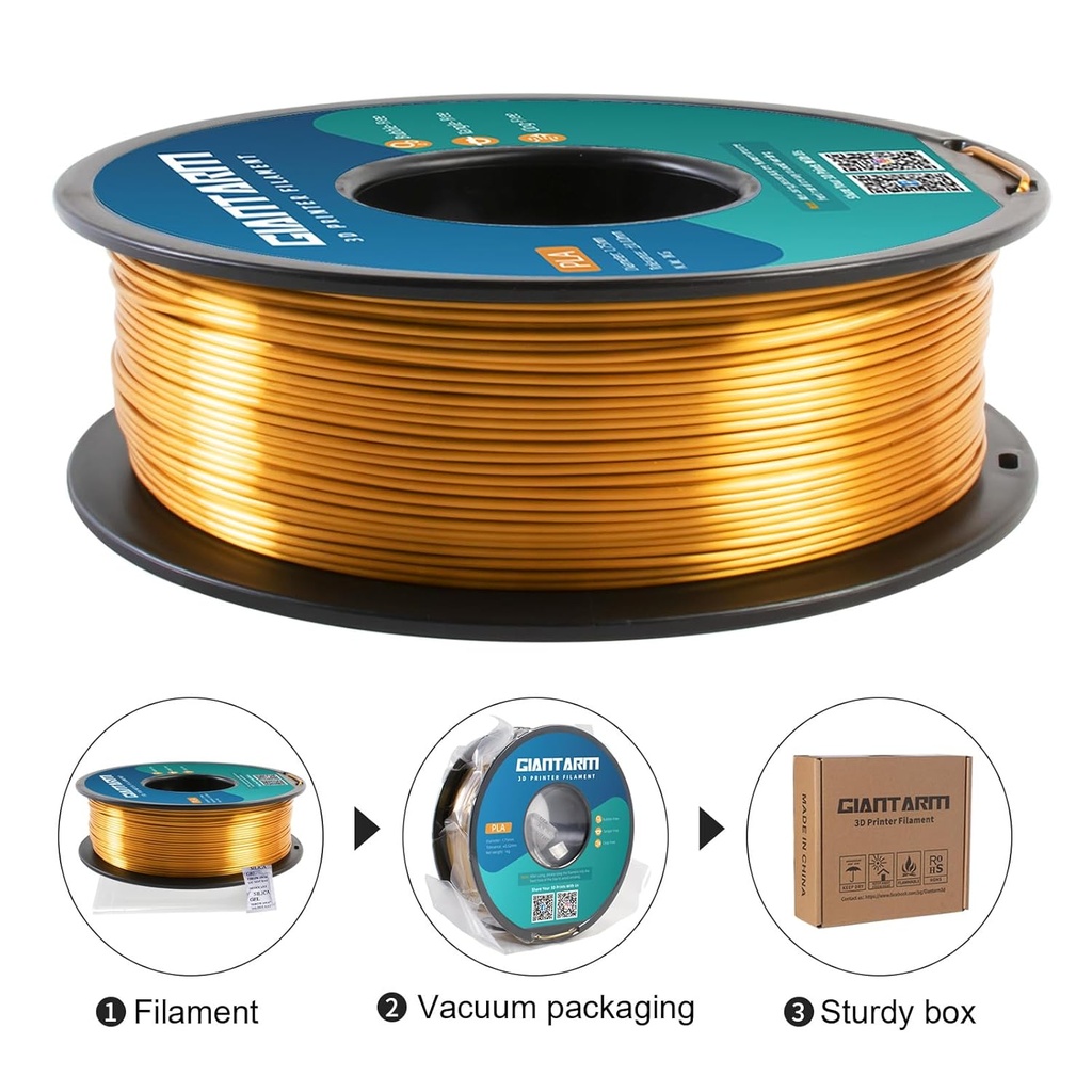 GIANTARM Filamento para impresora 3D, filamento PLA de seda dorada, carrete de 1Kg (2.2lbs), precisión dimensional de 1.75mm +/- 0.03mm, filamento para impresión 3D Color oro 