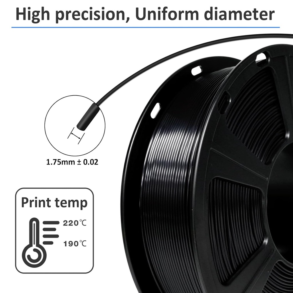 GIANTARM Filamento PLA para impresora 3D de 2.2 lbs, filamento mejorado de dureza color seda negra brillante de 1.75mm con precisión dimensional de +/-0.03mm, embalaje al vacío, 1080 pies por rollo, para la mayoría de impresoras 3D FDM 