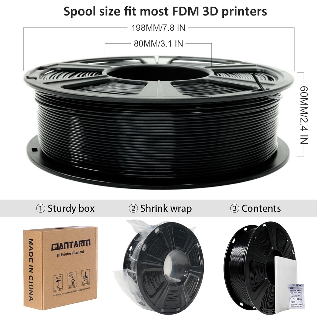 GIANTARM Filamento PLA para impresora 3D de 2.2 lbs, filamento mejorado de dureza color seda negra brillante de 1.75mm con precisión dimensional de +/-0.03mm, embalaje al vacío, 1080 pies por rollo, para la mayoría de impresoras 3D FDM 