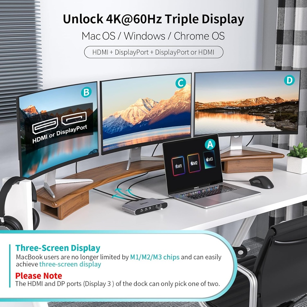 Estación de acoplamiento de triple visualización Minisopuru Displaylink para MacBook M1/M2/M3/M4/Windows, estación de acoplamiento DisplayLink con 2 HDMI y 2 DisplayPort, carga de 100W, datos USB-C
