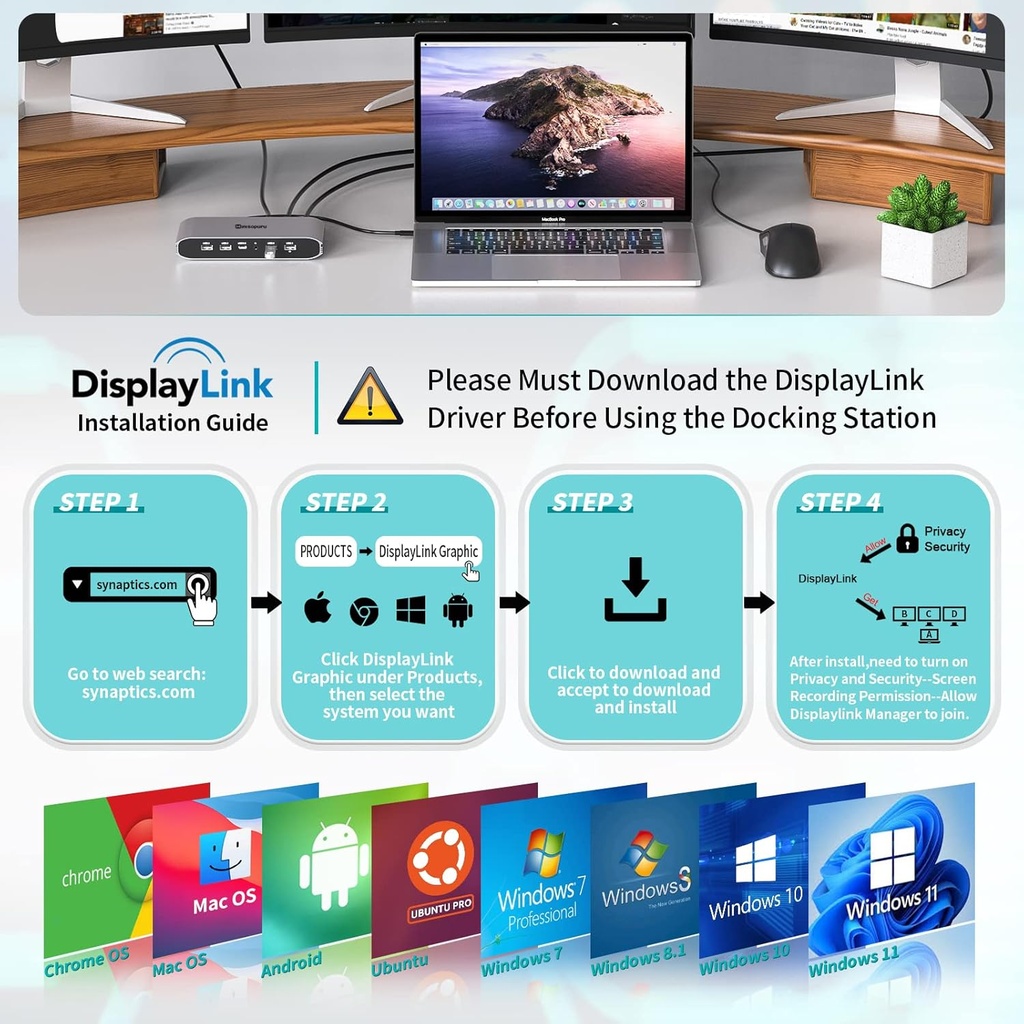 Estación de acoplamiento de triple visualización Minisopuru Displaylink para MacBook M1/M2/M3/M4/Windows, estación de acoplamiento DisplayLink con 2 HDMI y 2 DisplayPort, carga de 100W, datos USB-C
