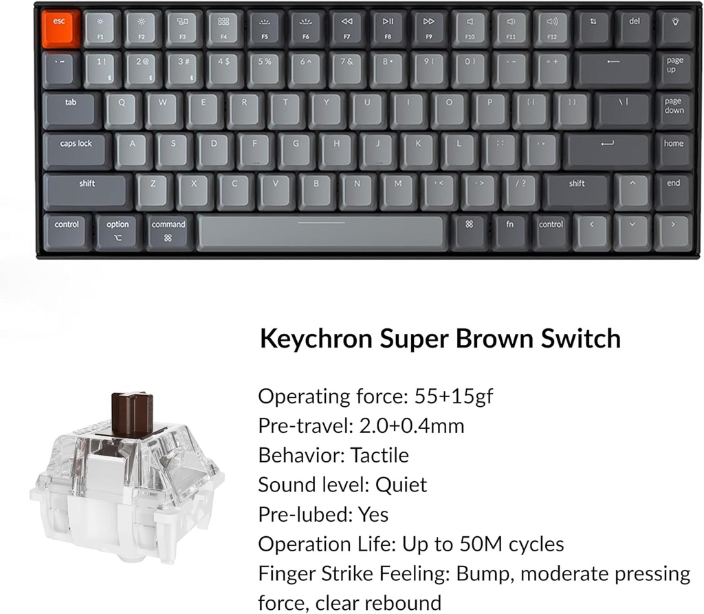 Keychron Teclado mecánico inalámbrico K2 75% Layout RGB Bluetooth con interruptor marrón Gateron G Pro, anti fantasma/N-Key Rollover, teclado compacto de 84 teclas USB con cable para juegos para Mac Windows-Versión 2 
