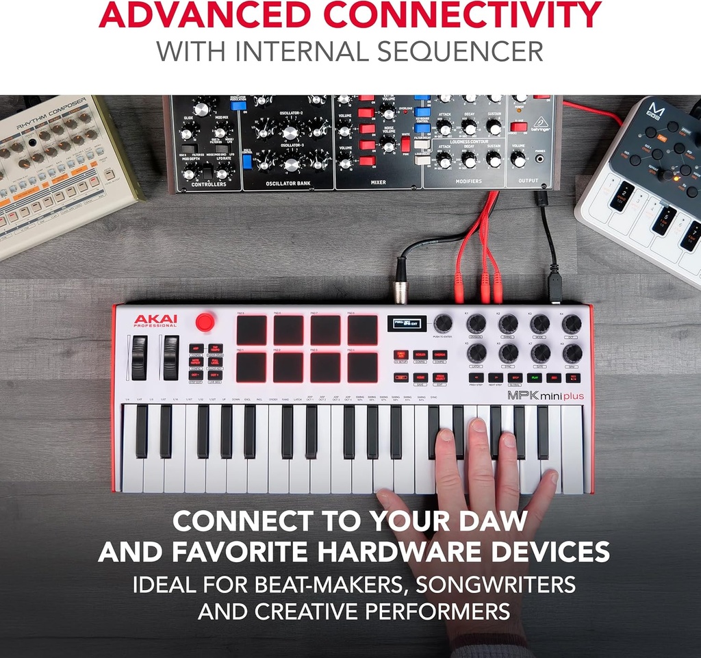 Akai Professional MPK Mini Plus - Controlador de teclado MIDI USB con 37 mini teclas, 8 almohadillas MPC, secuenciador, MIDI/CV/Gate I/O y paquete de sonido de instrumentos nativos, edición limitada blanca 