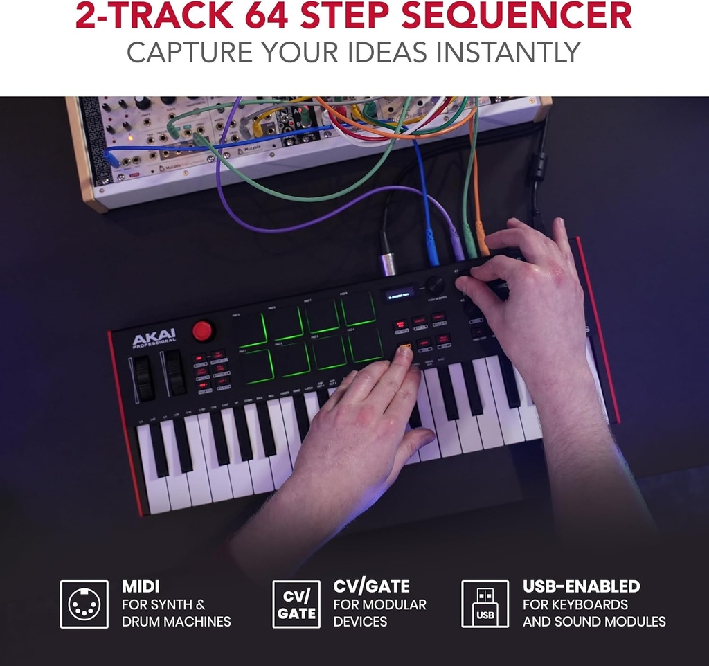 Akai Professional MPK Mini Plus - Controlador de teclado MIDI USB con 37 mini teclas, 8 almohadillas MPC, secuenciador, E/S MIDI/CV/puerta 