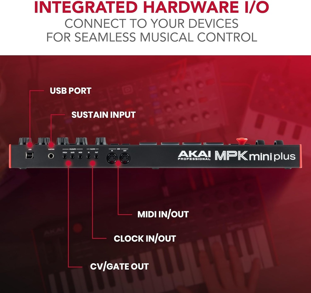 Akai Professional MPK Mini Plus - Controlador de teclado MIDI USB con 37 mini teclas, 8 almohadillas MPC, secuenciador, E/S MIDI/CV/puerta 