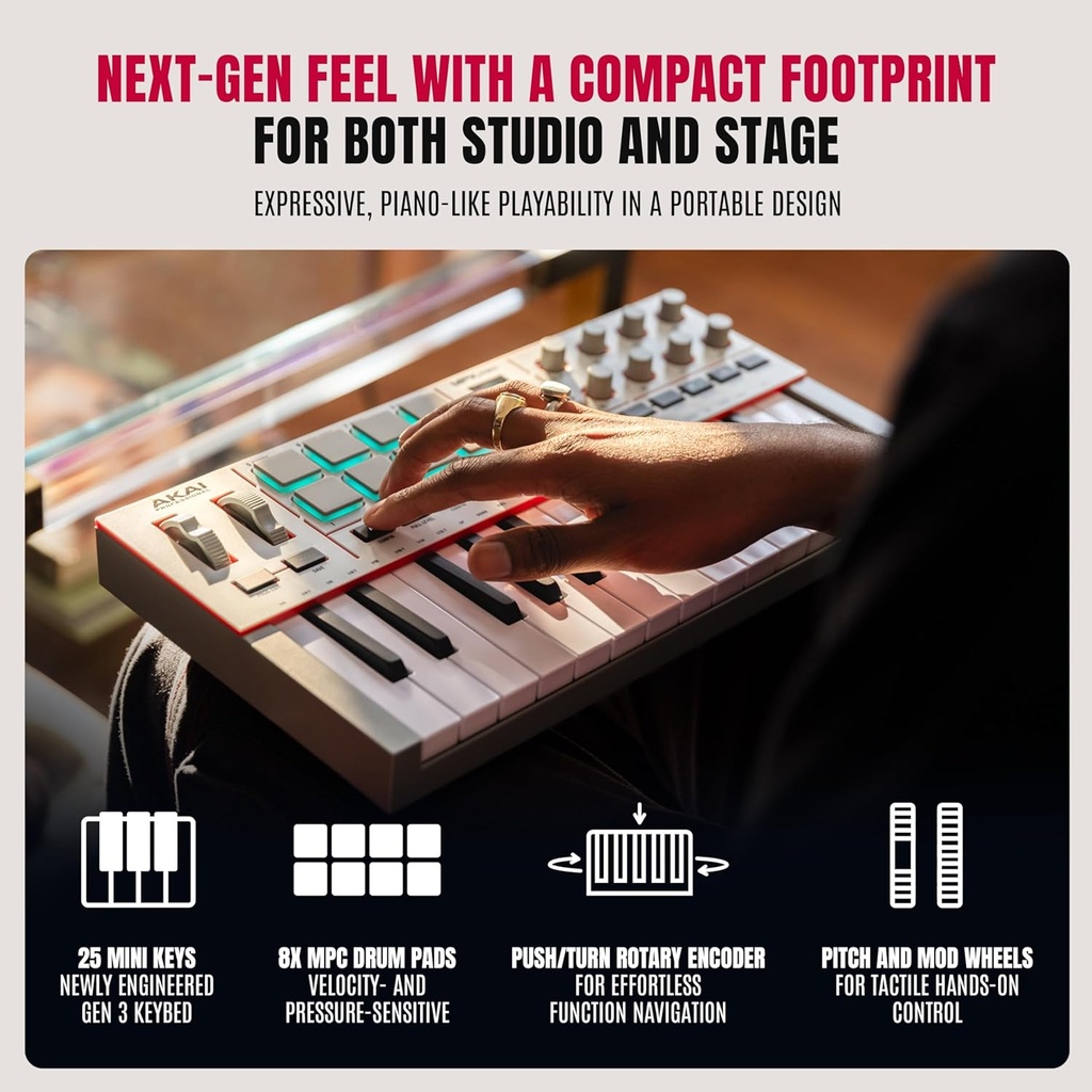 Akai Professional MPK Mini IV USB-C MIDI Controlador de teclado para principiantes y productores - Almohadillas de batería MPC, perillas de 360°, ruedas de tono y mod, software de lecciones y producción de música con más de 1000 sonidos, gris 