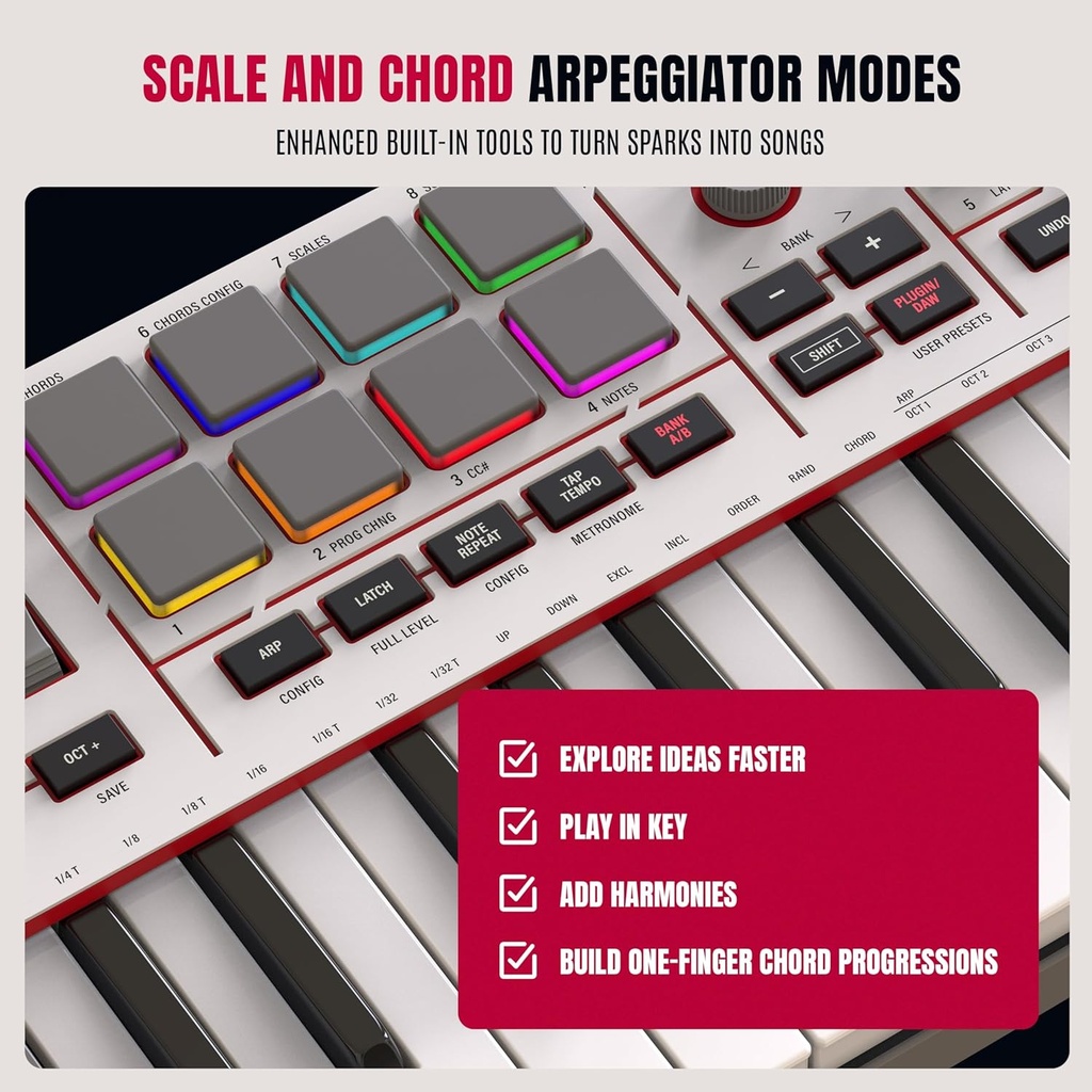 Akai Professional MPK Mini IV USB-C MIDI Controlador de teclado para principiantes y productores - Almohadillas de batería MPC, perillas de 360°, ruedas de tono y mod, software de lecciones y producción de música con más de 1000 sonidos, gris 
