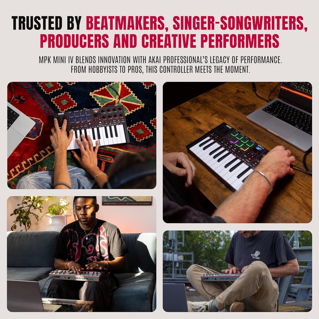 Akai Professional MPK Mini IV USB-C MIDI Controlador de teclado para principiantes y productores - Almohadillas de batería MPC, perillas de 360°, ruedas de tono y mod, software de lecciones y producción de música con más de 1000 sonidos, gris 